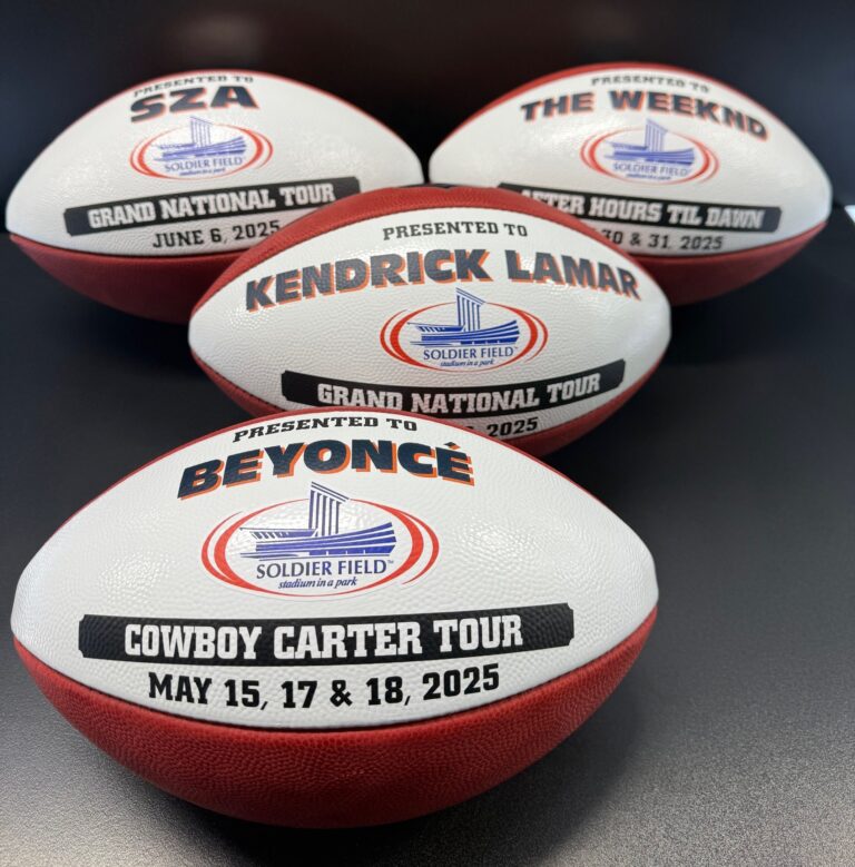 Game balls made for music artists playing at Soldier Field