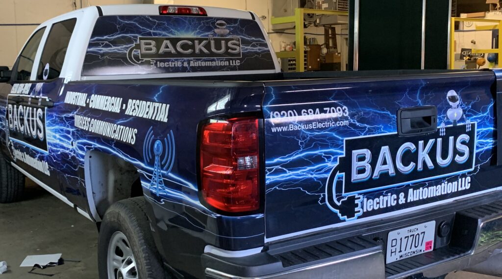 Rear and Side view of a fully wrapped truck.