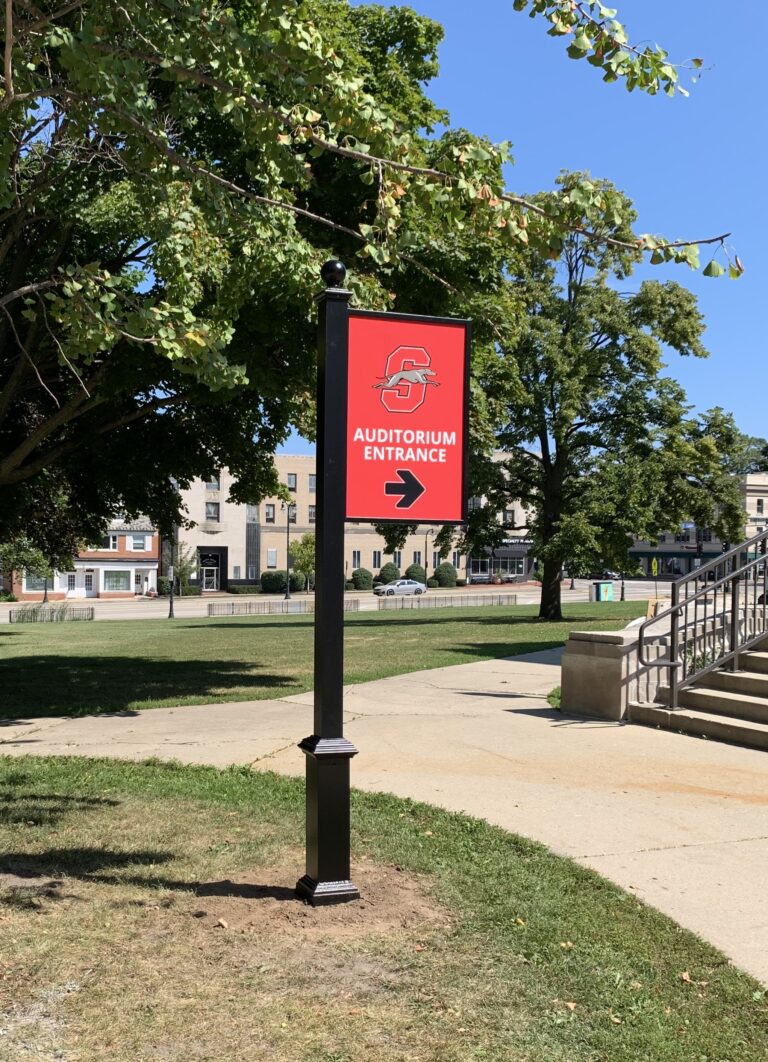 Wayfinding sign for the Shorewood HS Auditorium.